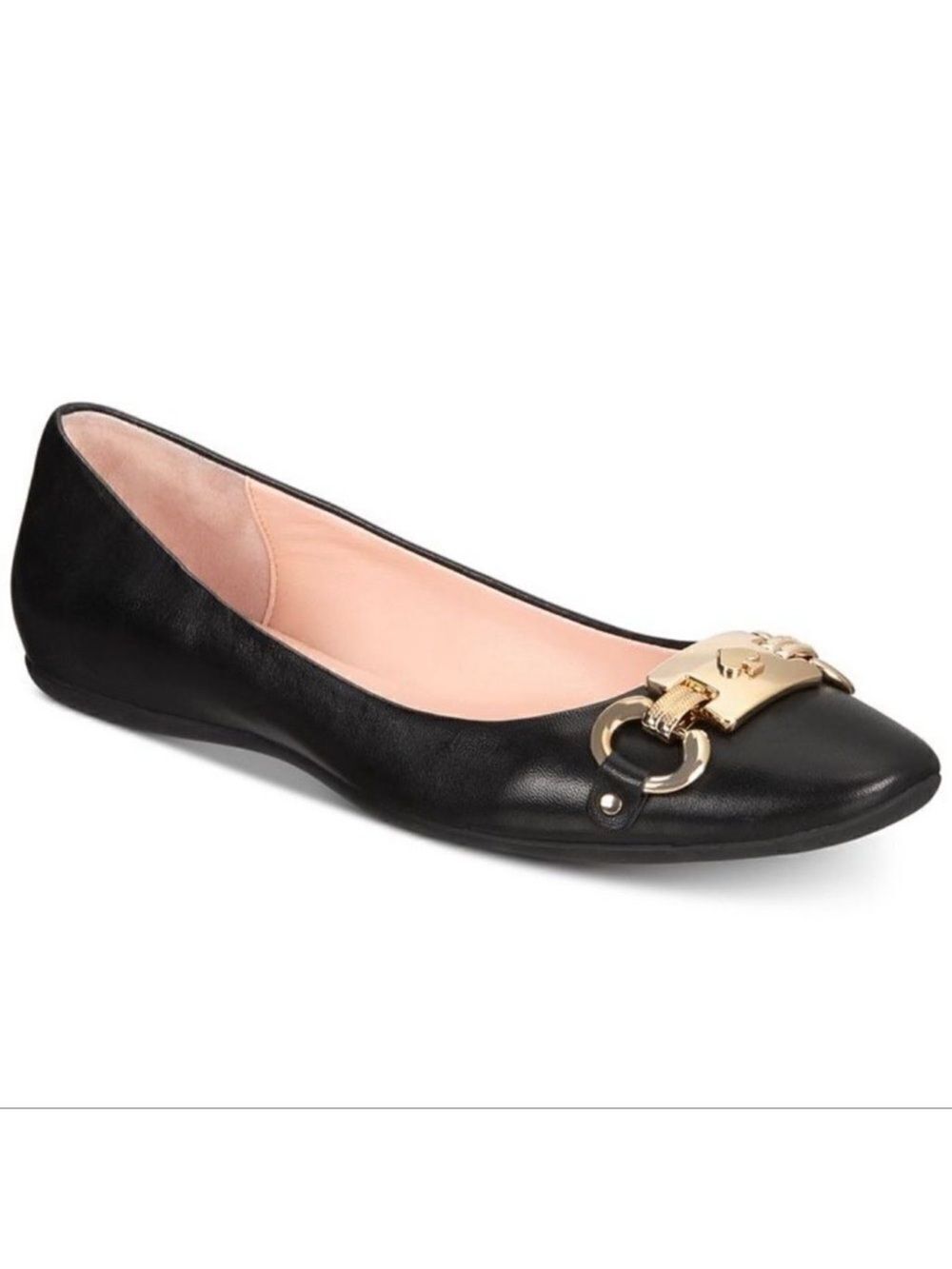 Kate Spade 9.5 Phoebe Black Gold Tone Link Hardware Black Leather Flats